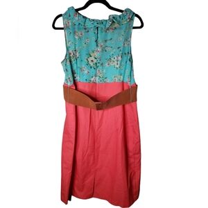 Alyx Sleeveless Coral Turquoise Midi Floral Sheath Dress Zipper Size 12